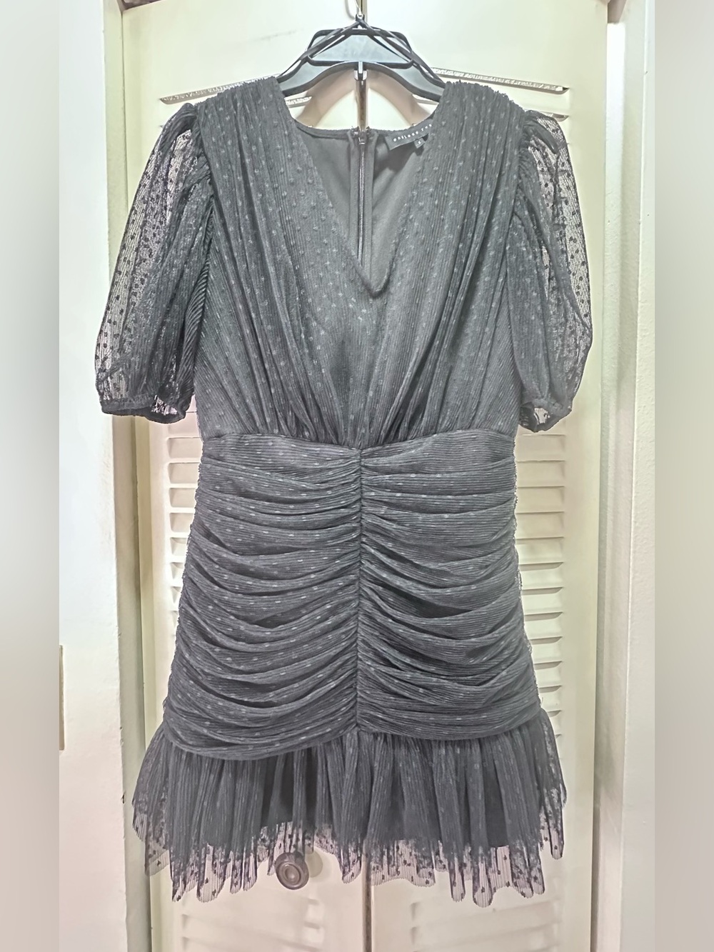 Endless Rose Charcoal Black Ruched V-Neck Mini Dress with Sheer Puff Sleeves